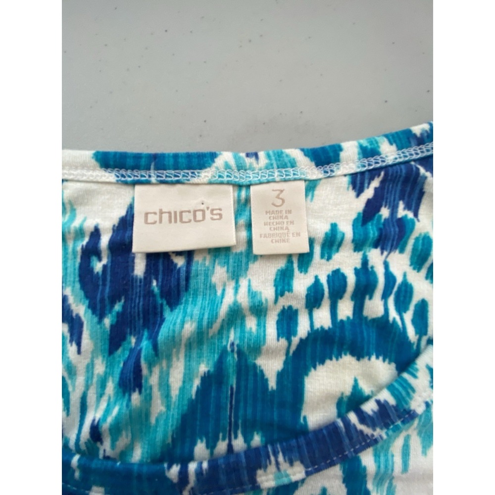 Chico's Top Artful IKAT Asymmetrical Crochet Hem Mysterious Blue Size 3 - Picture 4 of 7